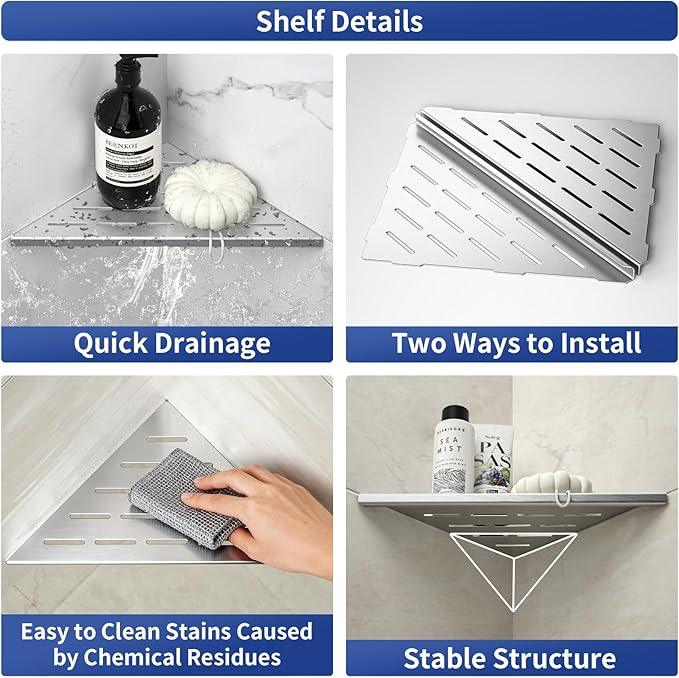 Corner Shower Shelf 10" Brushed 304 Stainless Steel Slot Design Recessed Corner Shelf Bathroom Grout in Shelf for Tiled Wall - ModernBath