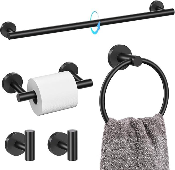 TQKAG Matte Black 5 Piece Bathroom Hardware Accessories Set 23.6" SUS304 Stainless Steel Bathroom Towel Bar Holder Sets Double Post Pivoting Toilet Paper Holder Set Wall Mounted - ModernBath