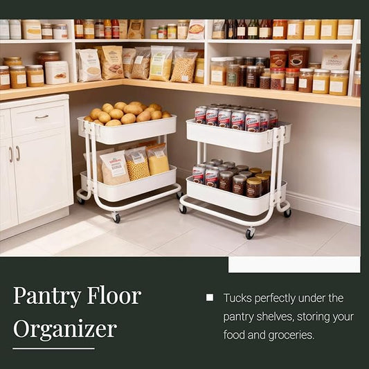 2 Tier Under Desk Storage Cart with Wheels Heavy Duty Metal Short Rolling Pantry Storage Cart for Small Space, Utility Trolley for Kitchen Bathroom Laundry Cute Snack Craft Organizer, White