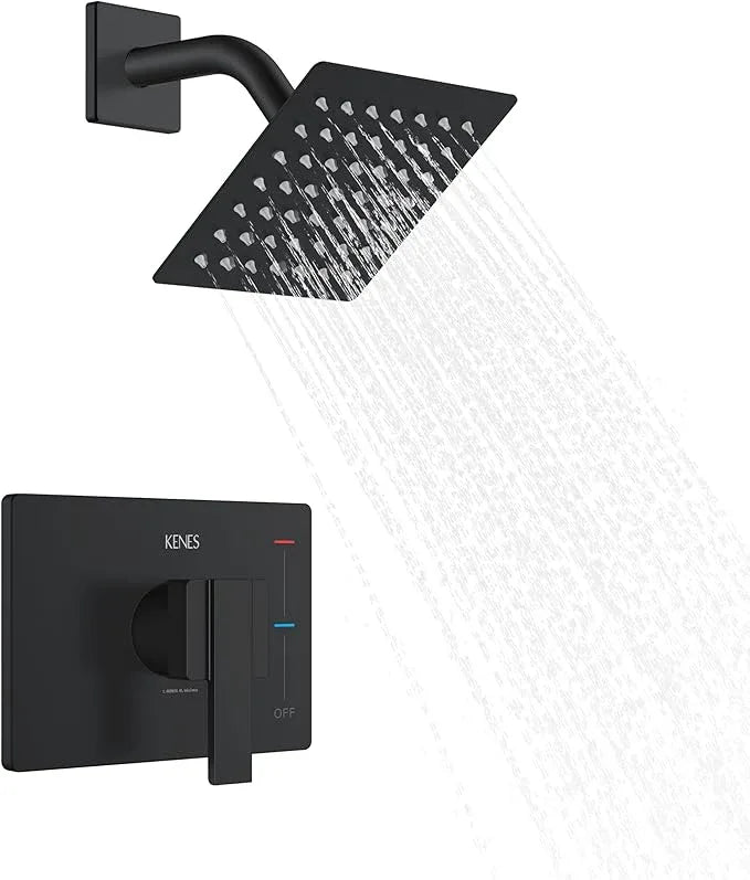 KENES Matte Black Shower Faucet with 6-Inch Shower Head and Handle Set, Square Shower Faucet Set Bathroom Rainfall Shower System Wall Mount, KE-6025B-2 (Shower Valve Included) - ModernBath