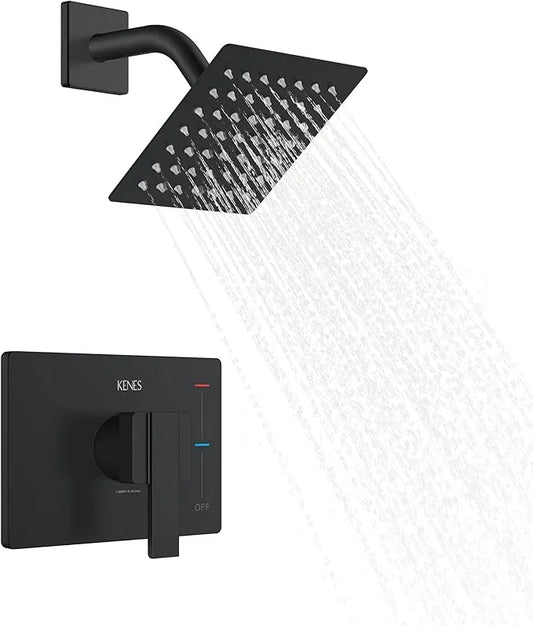 KENES Matte Black Shower Faucet with 6-Inch Shower Head and Handle Set, Square Shower Faucet Set Bathroom Rainfall Shower System Wall Mount, KE-6025B-2 (Shower Valve Included) - ModernBath