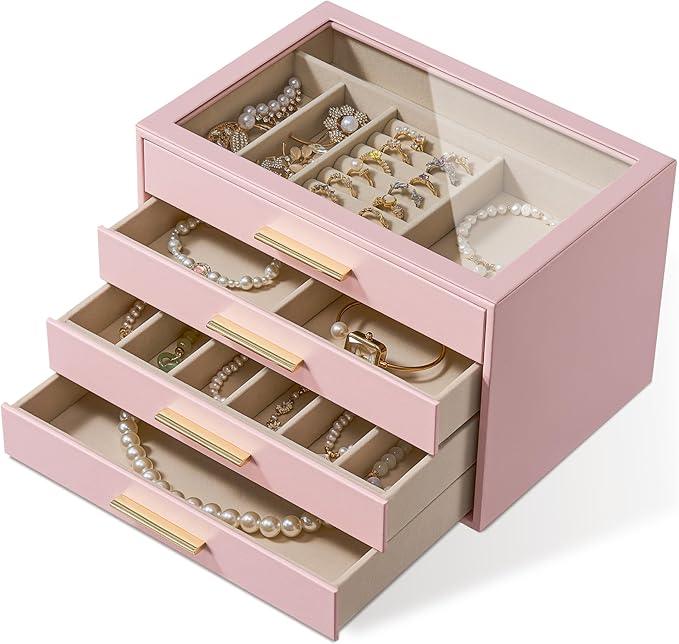 pickpiff Jewelry Box Organizer Case for Women: 4-Layer Jewelry Storage Case with Glass Window, Pink Leather with Velvet Holder for Ring Necklace Bracelet Brooch Watch, Great Gift for Her - ModernBath