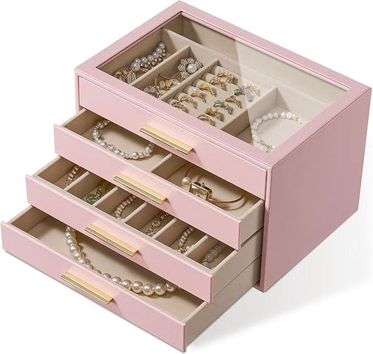 pickpiff Jewelry Box Organizer Case for Women: 4-Layer Jewelry Storage Case with Glass Window, Pink Leather with Velvet Holder for Ring Necklace Bracelet Brooch Watch, Great Gift for Her - ModernBath
