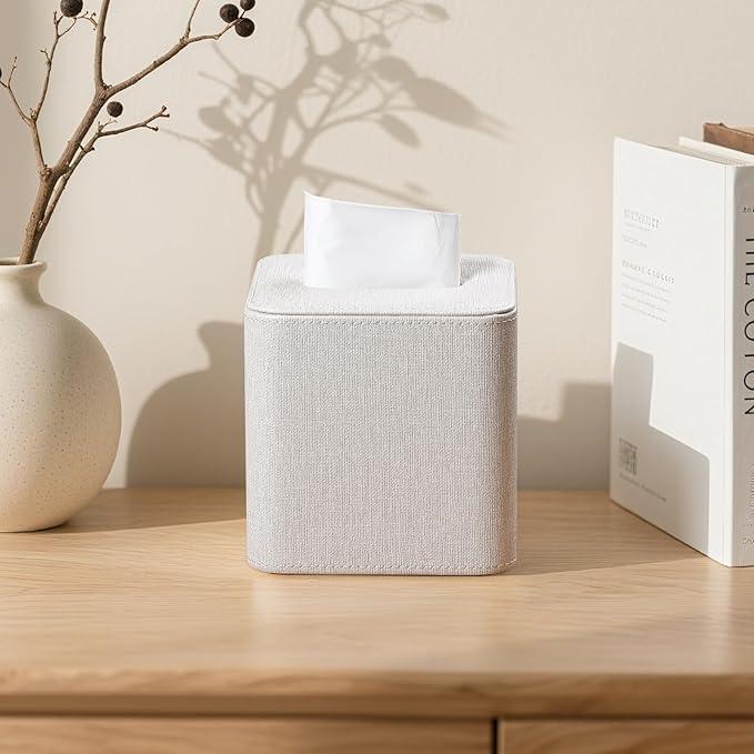 Cretkhp Square Linen Tissue Box Cover with Magnetic Closure, Modern PU Leather Tissue Box Holder for Bathroom Vanity NightStands Bedroom Office Desk, Stylish Cube Tissue Holder - ModernBath