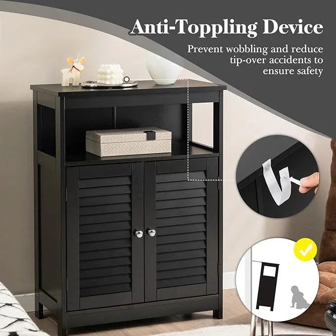GLACER Bathroom Floor Cabinet, Wooden Storage Cabinet with Double Shutter Doors & 3-Position Adjustable Shelf, Side Storage Organizer, 23.5 x 12 x 31.5 inches (Black) - ModernBath