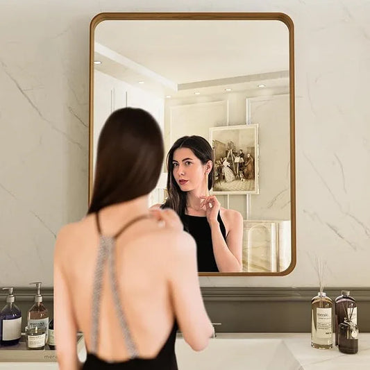 LOAAO 24X32 Inch Bathroom Mirror with Wood Grain Colored Metal Frame, Rounded Rectangle Metal Framed Bathroom Mirror, Anti-Rust, Hangs Horizontally or Vertically - ModernBath