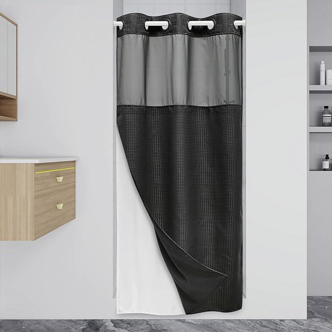 EUTXL Stall No Hook Shower Curtain with Snap in Liner,230GSM Waffle Weave Shower Curtains for Bathroom,36W x 74H,Black - ModernBath