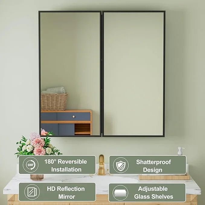 Buruis 30" x 30" Framed Medicine Cabinet with Mirror, Recessed or Wall Mounted Bathroom Cabinet, Adjustable Tempered Glass Shelves, Left/Right Open Reversible, No Assembly Required, Black - ModernBath