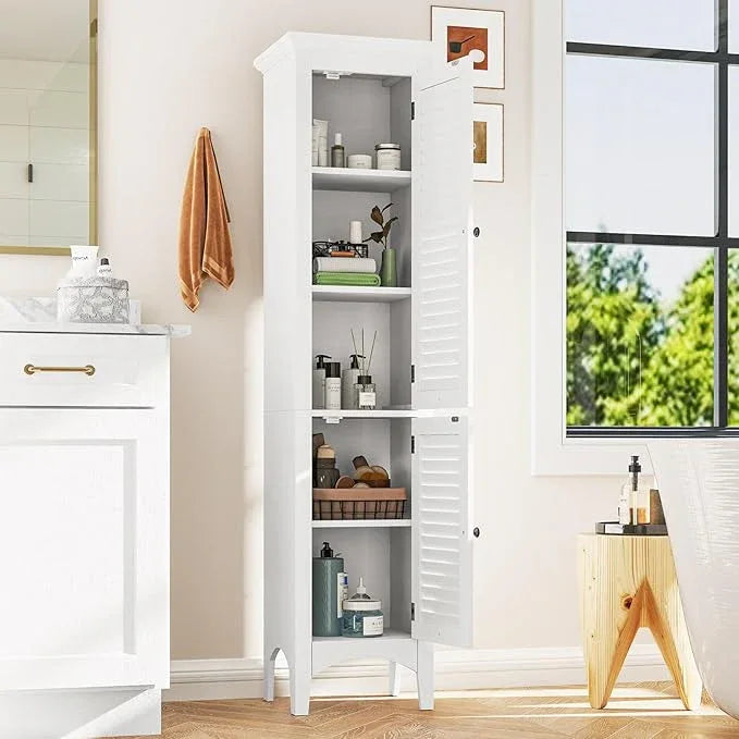 Tangkula 63" Tall Bathroom Storage Cabinet, Freestanding Narrow Linen Tower with Adjustable Shelf, Modern Slim Floor Cabinet with 2 Doors for Bathroom, Living Room, Kitchen (White) - ModernBath