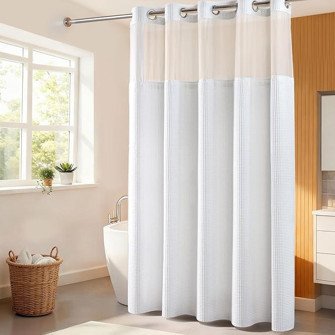 River Dream Extra Long Shower Curtain Set, Cotton Blend, Waffle Weave, with Snap in Replacement Liner, White, 71 x 86 inches - ModernBath