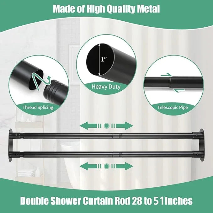Anndason Double Shower Curtain Rod 28 to 51 Inches Elegant Double Shower Rod Adjustable Wall Mounted Double Shower Curtain Pole for Bathroom (Black, 28 to 51") - ModernBath