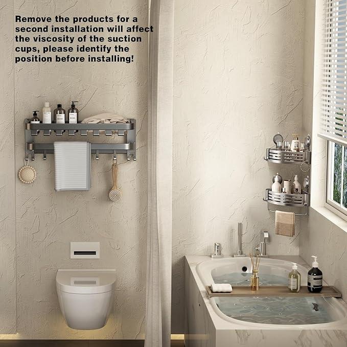 VOLPONE Corner Shower Caddy Suction Cup Shower Shelf Corner No Drilling Bathroom Shower Organizer Storage Rack Adhesive with Towel Bar Hooks (2-Pack, Matte Gray) - ModernBath