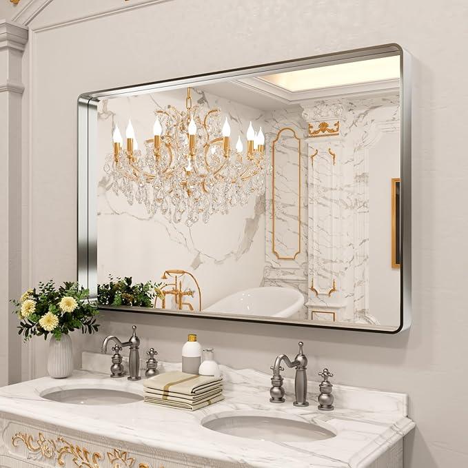 LOAAO 55X36 Inch Brushed Nickel Bathroom Mirror, Rounded Rectangle Silver Metal Frame Mirror, Brushed Nickel, Anti-Rust, Shatter Proof, Hangs Horizontally or Vertically - ModernBath
