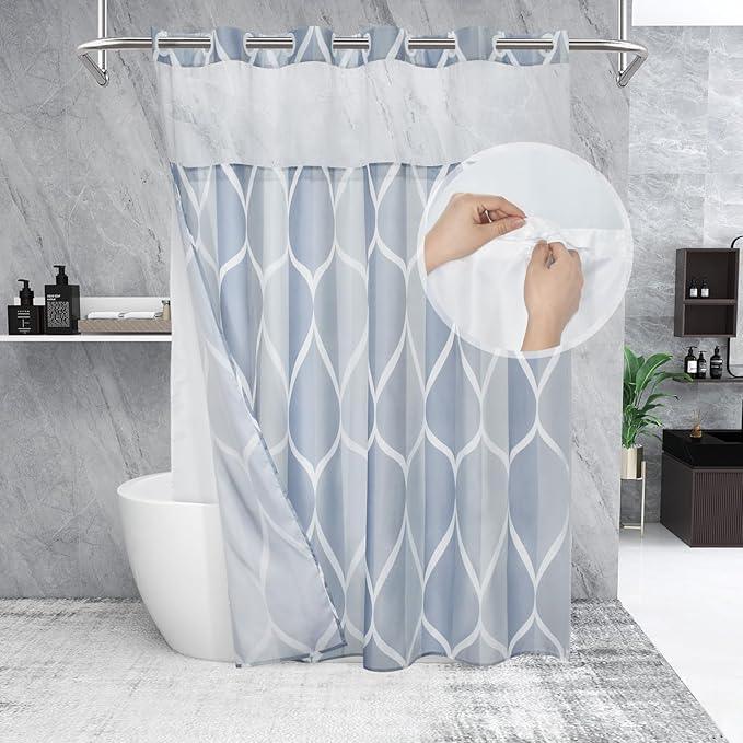 Yiatn Light Blue Hook Free Shower Curtain with Snap in Liner - Hotel Style with See Through Mesh Top Window, Modern Geometric Waterdrop Design,Waterproof and Washable,- 71x74 INCH - ModernBath