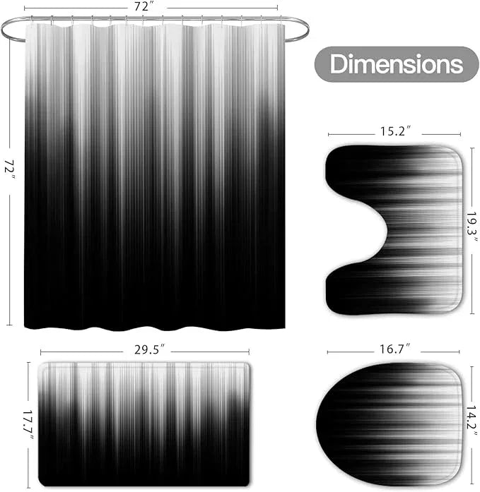 Litabel 4 Pcs Grey and Black Gradient Shower Curtain Set with Rugs and Toilet Lid Cover, Modern Simple Waterproof Fabric Bathroom Set, Ombre Stripe Gothic Abstract Bathroom Decor Set Accessories - ModernBath