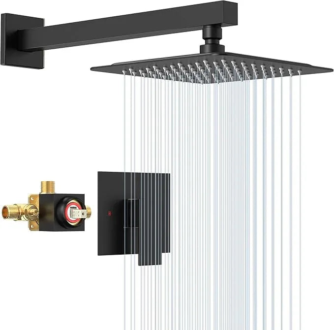 SunCleanse Matte Black Shower Faucet Set with Valve, 8 Inch Square Shower Head and Handle Set, Single Handle Shower Trim Kit with Extra Long Shower Arm - ModernBath