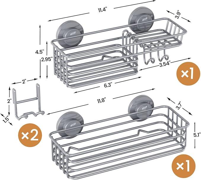 LEVERLOC Shower Caddy Suction Cup, 2 Pack Shelves for Inside with Hooks and Soap Holder, NO-Drilling Bathroom Holder, Rustproof Meatl Bathroom Organizer, Grey - ModernBath