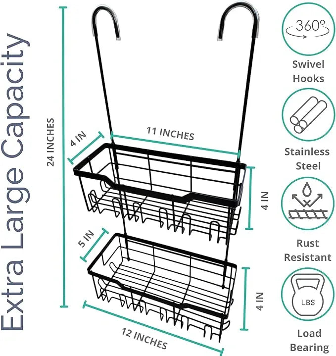 Black Shower Caddy Hanging - Rust-Proof 304 Stainless Steel Shower Caddy with Rotatable Hooks and Adhesives - Ideal for Bathroom Essentials - Convenient for Bathroom Toiletries - ModernBath