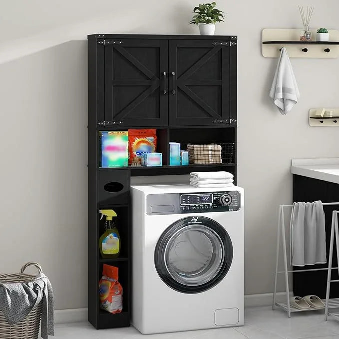 Vabches Over The Toilet Storage Cabinet, Farmhouse Storage Cabinet Over Toilet with 2 Barn Doors && Toilet Paper Holder Stand，Home Space-Saving Toilet Rack, for Laundry, Restroom, Bathroom.Pure Black - ModernBath