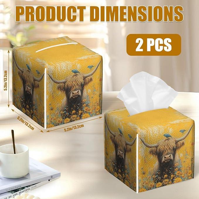 Highland Cow Floral Tissue Box Cover 2PCS, Bird Leather Tissue Box Holder Square Facial Paper Case Tissue Box Cube Organizer for Bathroom Bedroom Desk Office - ModernBath