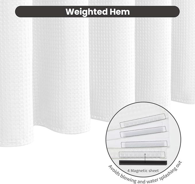 Inhousolu No Hook Waffle Weave Shower Curtain with Removable Snap in Fabric Liner Set for Bathroom, 230 GSM Heavy Duty Weighted Hem, Water Repellent Washable Bath Curtains, 36 x 72 Inch, White - ModernBath