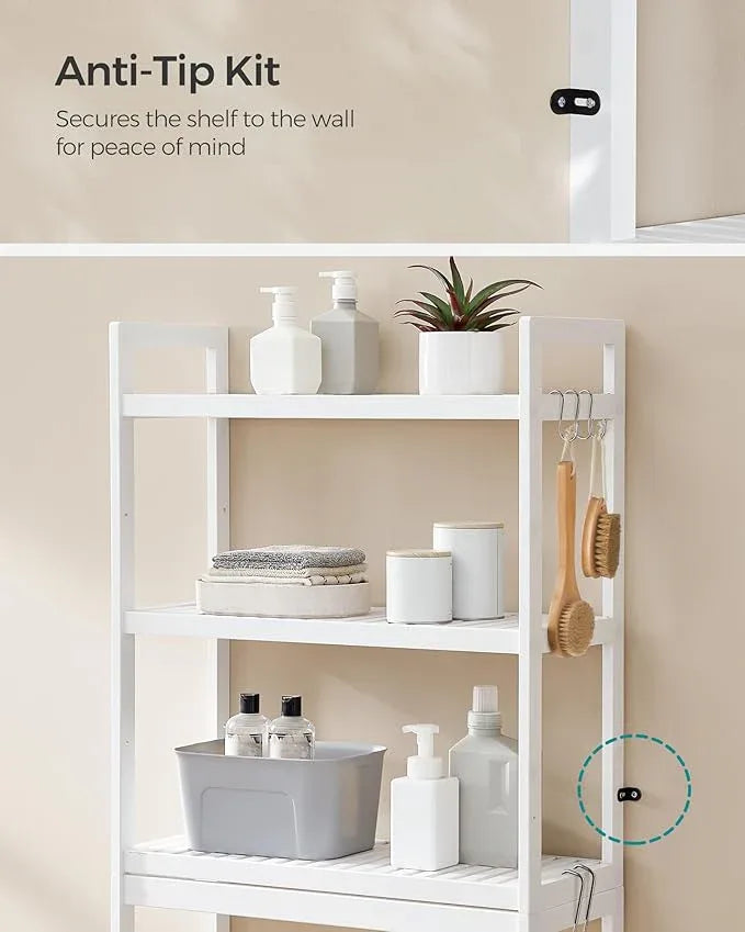 SONGMICS Over The Toilet Storage, 3-Tier Over Toilet Bathroom Organizer with Adjustable Shelf, 10.2 x 24.8 x 66.9 Inches, Space-Saving, Cloud White UBTS01WT - ModernBath