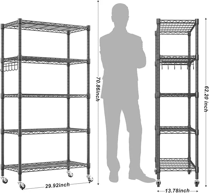 Homdox 5 Tier Metal Storage Shelves with Wheels, Heavy Duty Wire Shelving Unit, Adjustable Storage Racks with Side Hooks for Bathroom Kitchen Garage Pantry Organization, Black - ModernBath