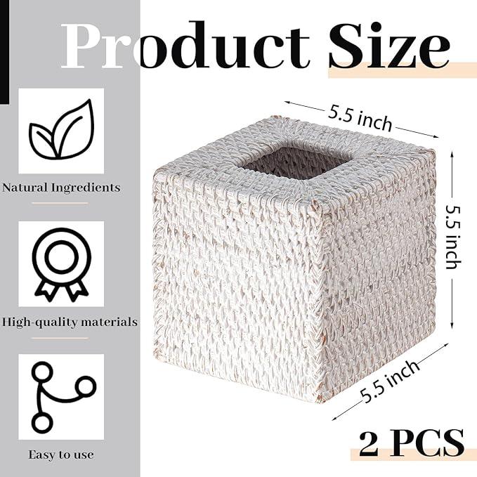 Kigley 2 Pcs Square Rattan Tissue Box Cover Boho Wicker Tissue Cube Box Cover 5.5'' x 5.5'' x 5.5'' Decorative Natural Wicker Hand Woven Napkin Box Holder Bathroom Office Car Accessories (White) - ModernBath