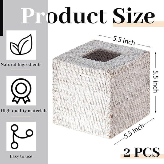 Kigley 2 Pcs Square Rattan Tissue Box Cover Boho Wicker Tissue Cube Box Cover 5.5'' x 5.5'' x 5.5'' Decorative Natural Wicker Hand Woven Napkin Box Holder Bathroom Office Car Accessories (White) - ModernBath