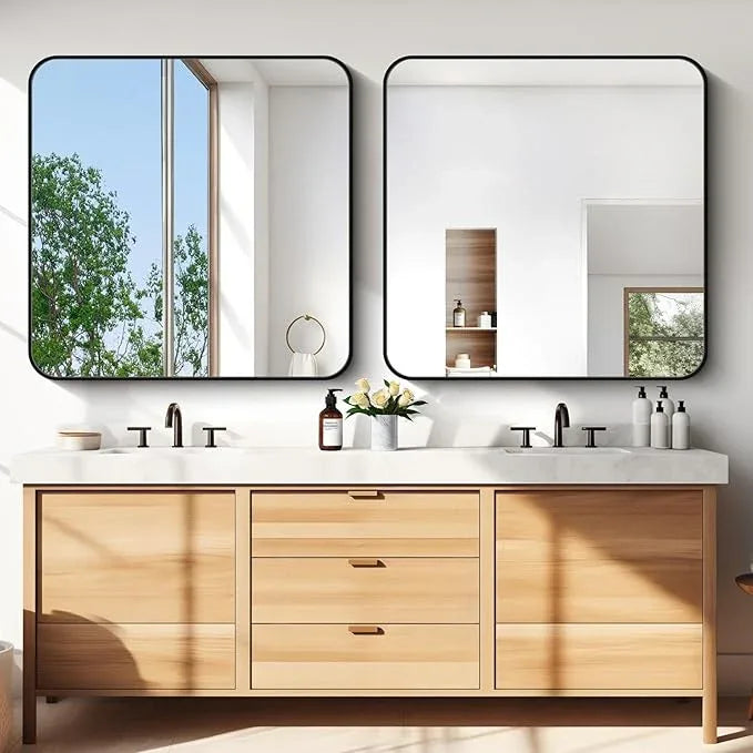 CIVENO Bathroom Mirror, 42x42 inch Black Square Wall Mirror, Rounded Corner Aluminum Metal Frame Vanity Mirror, Large Wall Mounted Mirrors for Over Sink Bedroom Living Room Entryway - ModernBath