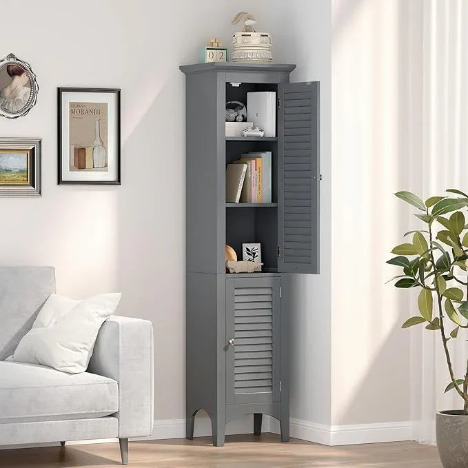 Tangkula 63" Tall Bathroom Storage Cabinet, Freestanding Narrow Linen Tower with Adjustable Shelf, Modern Slim Floor Cabinet with 2 Doors for Bathroom, Living Room, Kitchen (Grey) - ModernBath