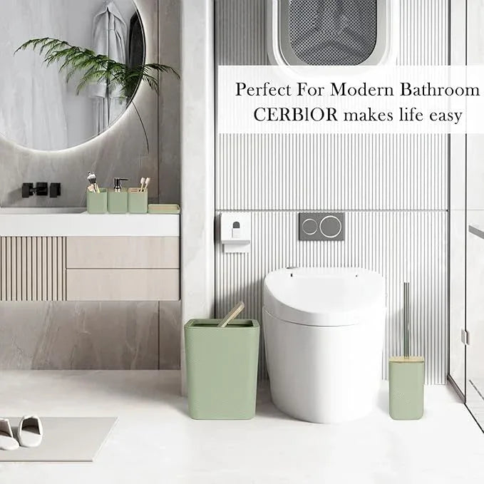 CERBIOR Bathroom Accessories Set 6 Piece Bamboo Bath Ensemble Includes Soap Dispenser, Toothbrush Holder, Toothbrush Cup, Soap Dish for Decorative Countertop and Housewarming Gift (Green) - ModernBath