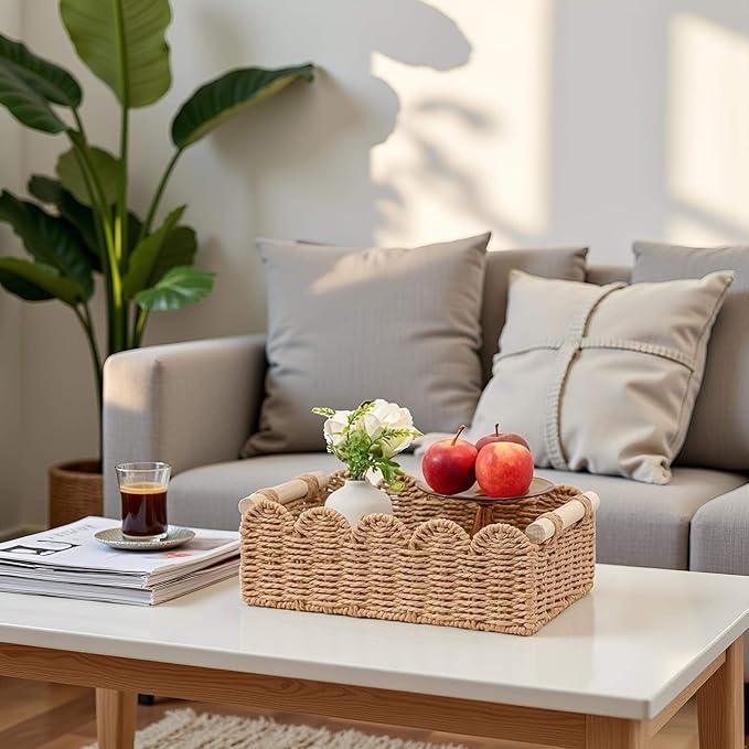 CubesLand Paper Rope Scalloped Edge Toilet Paper Storage Basket, Small Living Room, Bedroom Decor Baskets for Over Toilet Storage Shelf, End Table, Shelves and More, with 2 Wooden Handle, Neutral - ModernBath