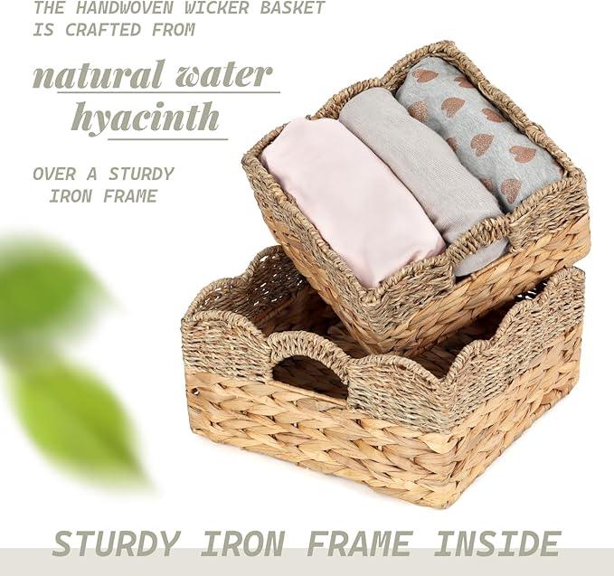 Scalloped Baskets (Natural-Set of 2) Wicker Basket For Decor, Basket Living Room Organizer, Bathroom, Bedroom, Laundry,... Water Hyacinth Mix Seagrass Storage Baskets with Built-in Handles. - ModernBath