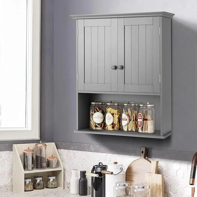Tangkula Wall Mount Bathroom Cabinet Wooden Medicine Cabinet Storage Organizer with 2-Doors and 1-Shelf Cottage Collection Wall Cabinet (Grey) - ModernBath