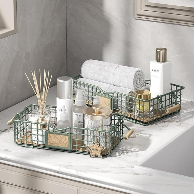 Toilet Paper Storage Basket, 2 Pack Toilet Paper Storage for Bathroom, Narrow Wire Tray for Restroom Tank Top, Bathroom Metal Baskets for Decor, Set of 2, Sage Green - ModernBath