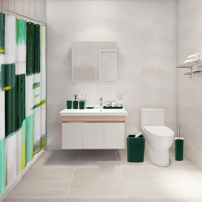 XLHOMO Dark Green Bathroom Accessories Set, Bathroom Sets with Shower Curtain, Green Bathroom Accessories with Trash Can, Soap Dispenser, Soap Dish, Toilet Brush Holder, Qtip Holders for Bathroom - ModernBath