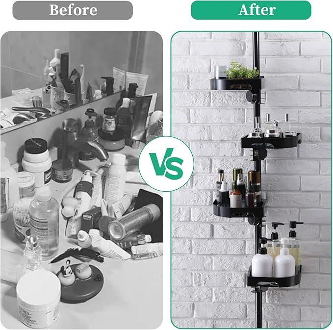 shuang qing 4-Tier Corner Shower Caddy Tension Pole Organizer - Adjustable Rustproof Metal Tension Pole, Plastic Shelves with Safety Guardrail, Bathroom Storage for Shower & Bathtub(Black) - ModernBath