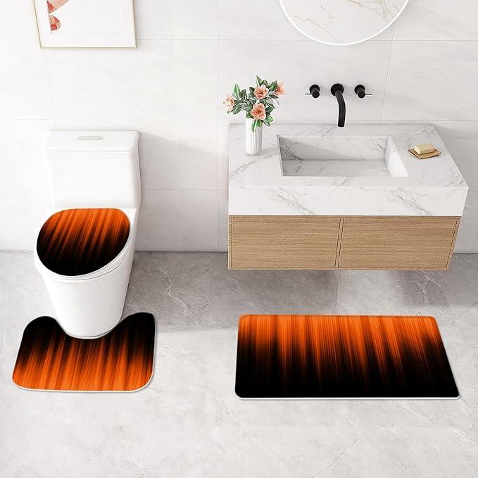 Litabel 4 Pcs Orange and Black Gradient Shower Curtain Set with Rugs and Toilet Lid Cover, Modern Simple Waterproof Fabric Bathroom Set, Ombre Stripe Gothic Abstract Bathroom Decor Set Accessories - ModernBath