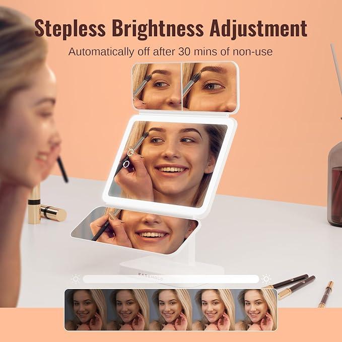 EASEHOLD Lighted Makeup Mirror, Rechargable Vanity Mirror with Magnification, 2X 3X, Trifold Makeup Mirror with Touch Control, 3 Color Dimmable LED Lights, Portable Make up Mirror, Gifts for Women - ModernBath