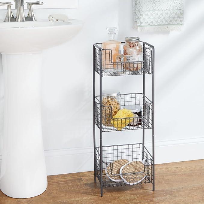 mDesign Steel Freestanding Storage Organizer Tower Rack Basket Shelf, Metal 3-Tier Furniture Unit for Master/Guest Bathroom, Powder Room - Holds Bath Towels, Soap - Concerto Collection - Graphite Gray - ModernBath