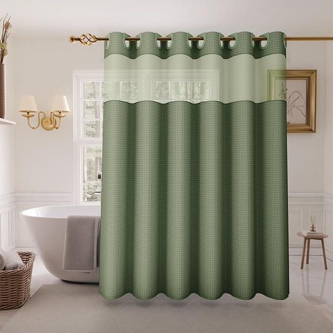 Inhousolu Stall No Hook Shower Curtain with Snap in Fabric Liner Set Waffle Weave 230GSM Weighted Hem, Waterproof & Washable Bathroom Curtain Spa Luxury with Mesh Top Window 60" W x 72" L Sage Green - ModernBath