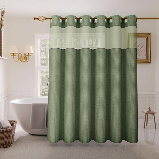 Inhousolu Extra Long No Hook Shower Curtain with Snap in Fabric Liner Set Waffle Weave 230GSM Weighted Hem, Waterproof & Washable Bathroom Curtain Spa with Mesh Top Window 72" W x 84" L Sage Green - ModernBath