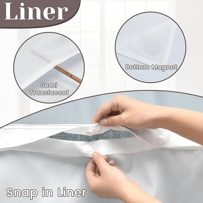 SORTTO No Hook Slub Textured Shower Curtain with Snap in Liner - Stone Blue Fabric Outer Curtain & Waterproof Inner Liner, Hotel Style with See Through Top Window, 71x74 in - ModernBath
