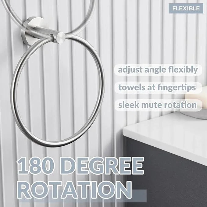 APLusee Bathroom Towel Ring Brushed Nickel, 304 Stainless Steel Hand Towel Holder for Bathroom Kitchen, Single Round Swivel Hanger, Wall Mounted - ModernBath
