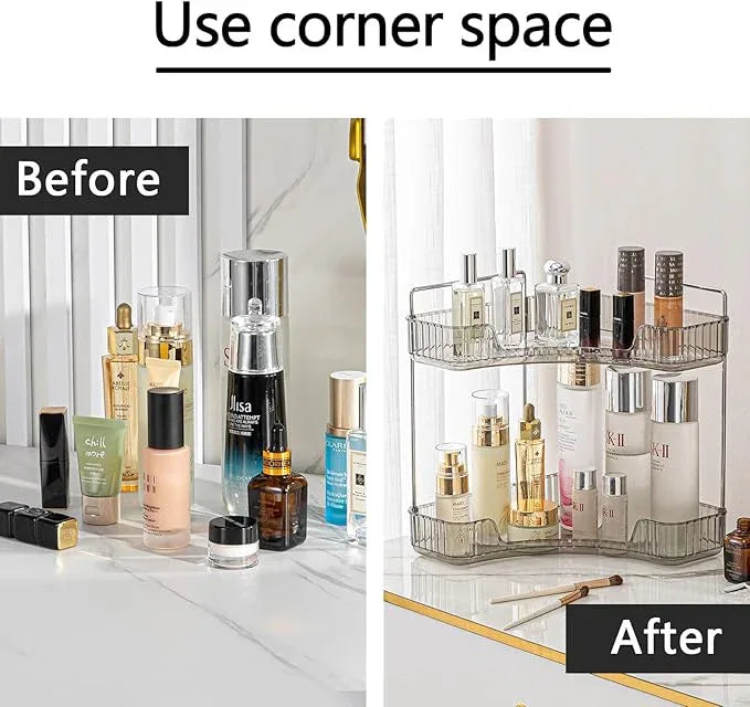 shuang qing 2-Tier Corner Bathroom Counter Organizer – Classic Storage Shelf for Makeup, Perfume & Toiletries, Space-Saving Countertop Tray Fits Bathroom, Dresser, Kitchen (Slate Gray) - ModernBath
