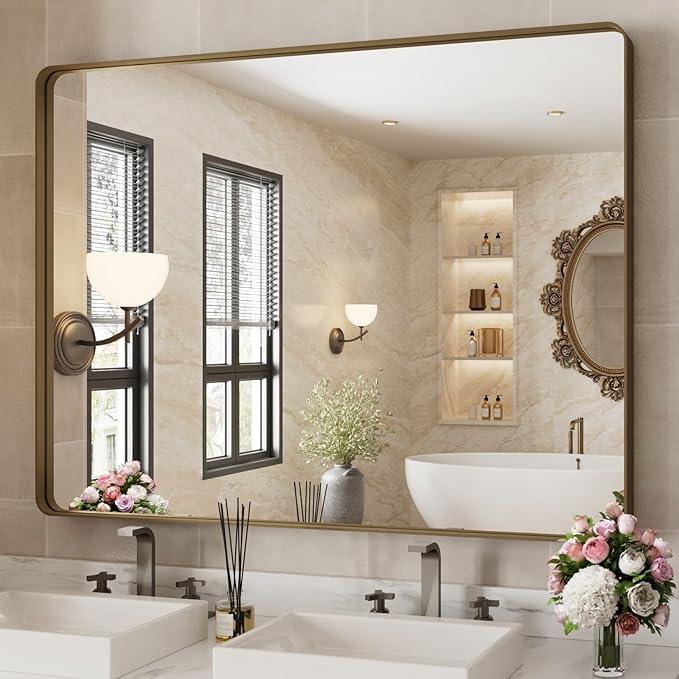 WEER Bronze Bathroom Mirror 48x36 Inch, Farmhouse Oil Rubbed Bronze Mirror for Wall, Aluminum Alloy Brushed Bronze Metal Frame Mirror for Vanity, Tempered Glass, Anti-Rust (Horizontal/Vertical) - ModernBath