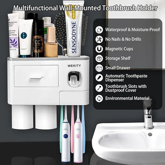Wekity Multifunctional Wall-Mounted Toothbrush Holder, Automatic Toothpaste Dispenser Space Saving Toothbrush and Toothpaste Holder, with 2 Cups and Drawers Cosmetic Organizer(Grey) - ModernBath