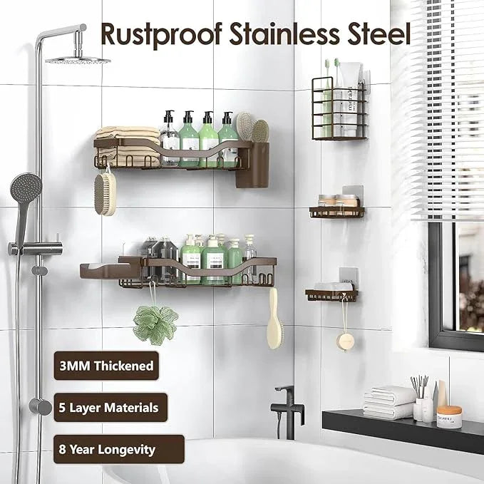 Shower Caddy Adhesive Shower Organizer 7-Pack, Rustproof Stainless Steel Bathroom Shelves, Large Capacity No-Drill Rack Storage Accessories with Soap Dish Toothbrush Holder Hooks (Brown) - ModernBath