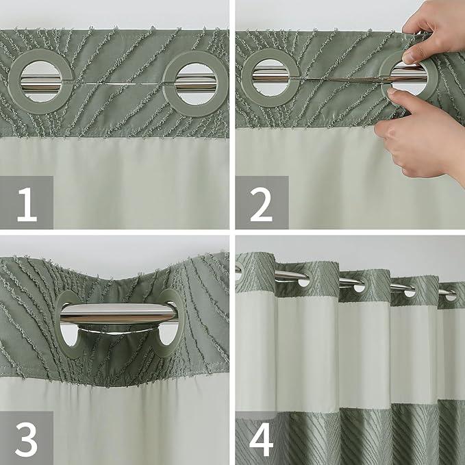 eachope no Hook Shower Curtain and Liner Set，Boho Style with See Through Top Window, SageGreen Fabric Tufted Striped Textured Outer Curtain & Waterproof Inner Liner, SageGreen, 71Wx74H - ModernBath